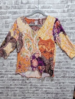 Chico's Boho Burnt Orange Paisley Print 3/4 Sleeve Hi Low V-Neck Top Size 1 (M)
